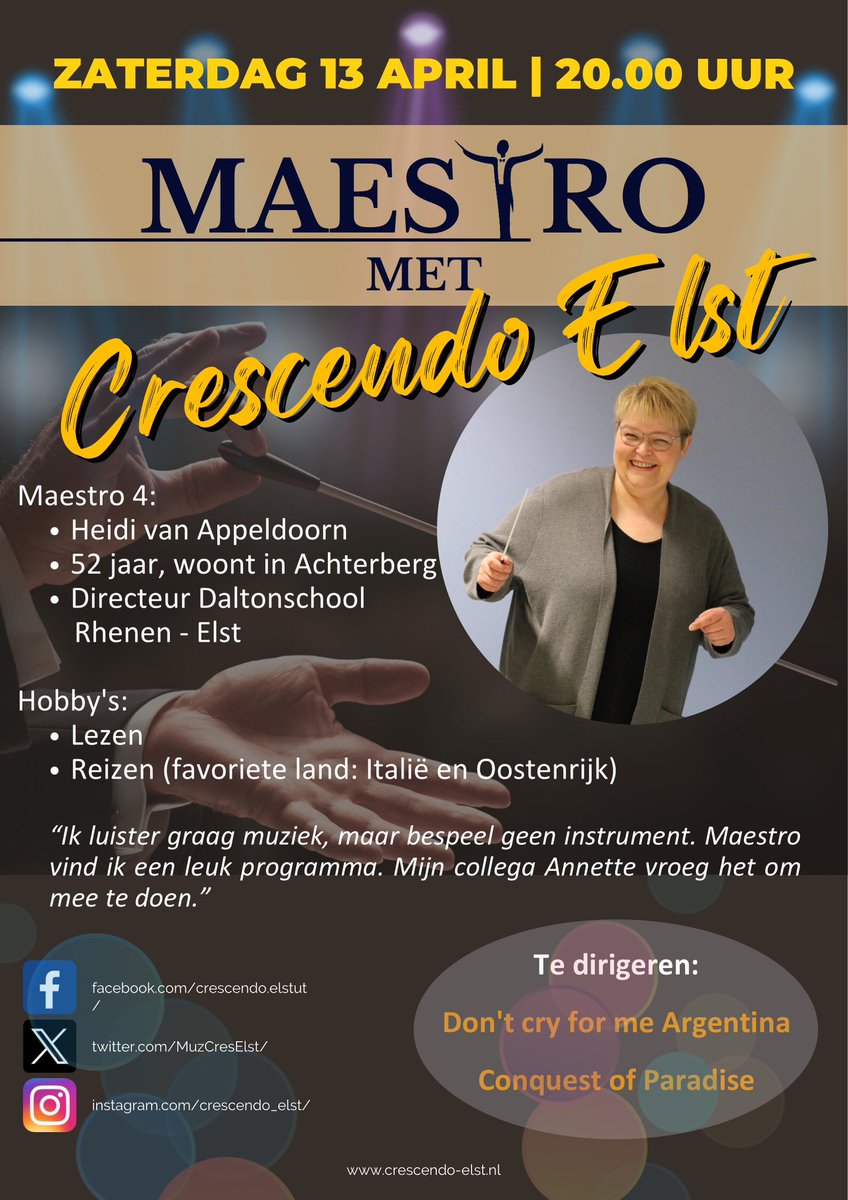 MuzCresElst's tweet photo. Bijna alle 5 de Maestro's zijn bekend!! De op één na laatste is Heidi van Appeldoorn en ook zij zal op 13 april a.s. deelnemen aan  “Maestro met Crescendo”.
#maestro #daltonschool #concert https://t.co/gh12aTukPq