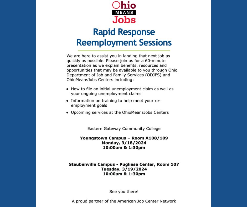 Join us for an OhioMeansJobs presentation where you will learn about valuable benefits, resources, and opportunities that may be available to you!