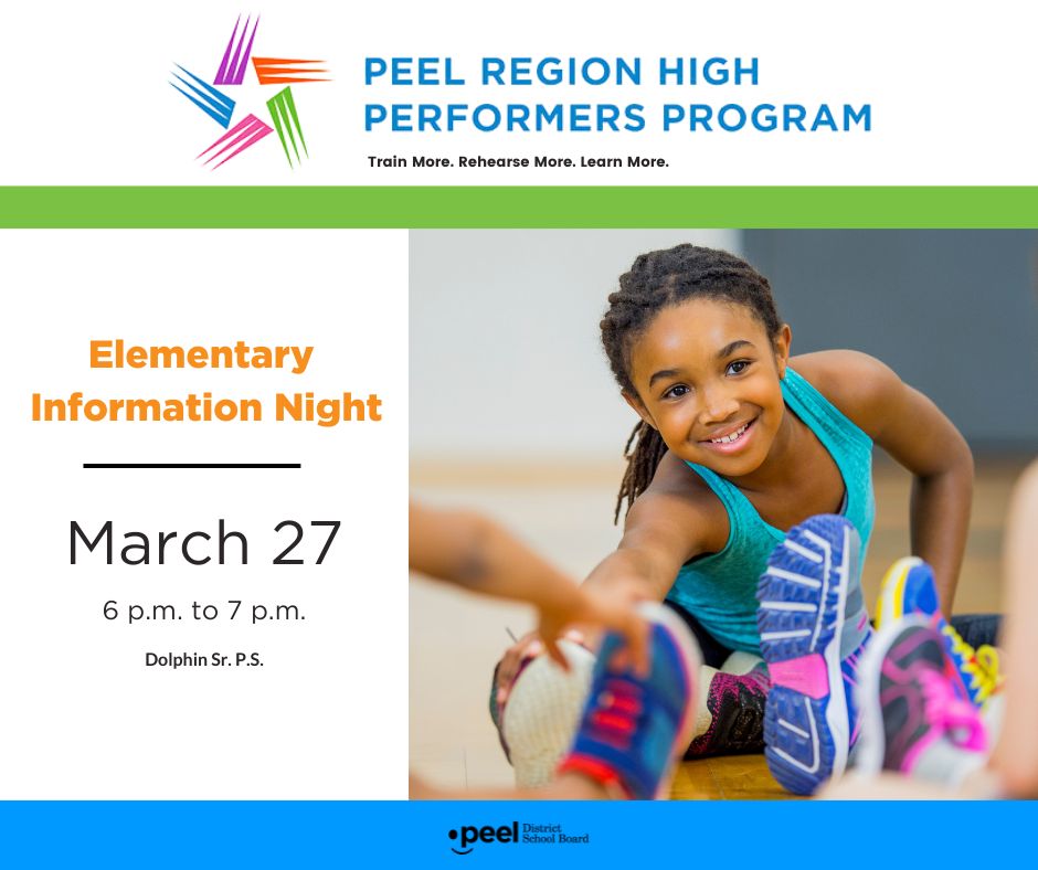 Is your child in an intense sports or arts training and competition program that requires a flexible school schedule?
 
You're invited to the High Performers Program Elementary Info Night on:
 
March 27 at 6 p.m.
Location: Dolphin Sr. P.S.
 
Learn more: peelschools.org/HPP
