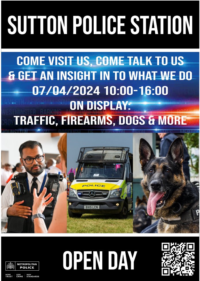 Between 1000hrs and 1600hrs on Sunday 7th April 2024 Sutton Police station is hosting an open day.

There will be plenty to see and an opportunity to speak to officers to get an insight into police work.

Click the link below to reserve your place;

ow.ly/baKA50QKIoZ