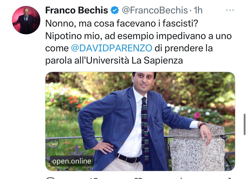 rubio_chef's tweet photo. Pensa @FrancoBechis che invece chi vuole raccontare la verità sulla Palestina, sul genocidio in corso da 76 anni e sulla negazione dell’esistenza del popolo palestinese non solo viene censurato ma persino bandito dalle università ormai controllate dai sionisti. Non è fascismo? https://t.co/8GzYCi5b0m