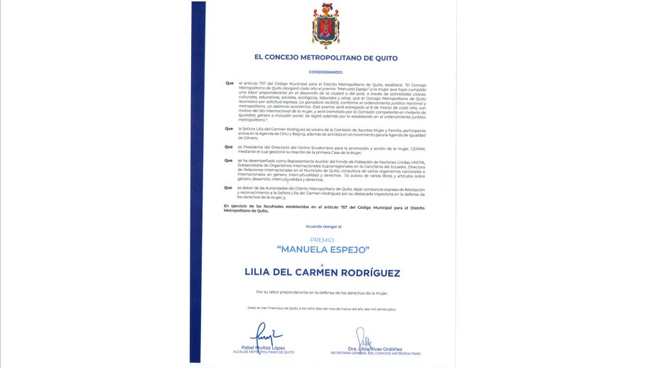 🏆 El Concejo Metropolitano de Quito otorga el premio "Manuela Espejo 2024" a Lilia del Carmen Rodríguez por su trayectoria excepcional en la defensa de los derechos de la mujer, el progreso por la lucha de la igualdad de género y su liderazgo en el CEPAM. ✨👏 #IgualdadDeGenero