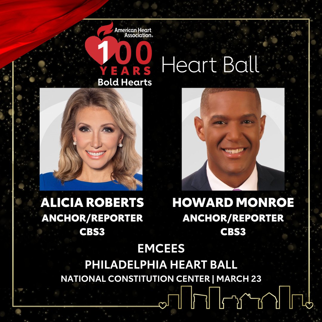 Thank you, @ARobertsCBS and @HMonroeNews from @CBSPhiladelphia for joining us as emcees of the Philadelphia Heart Ball on March 23, as we celebrate our 100th anniversary! Still need tickets? Contact annette.weidenfeld@heart.org. #phillyheartball #100yearsofboldhearts