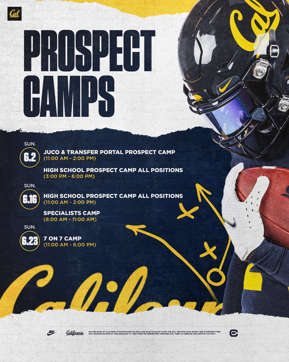 CalFootball's tweet image. Summer Camp in The Bay 🌁

Come get in front of our coaches and staff 👀

Sign up now🔗: ussportscamps.com/football/cal-f…