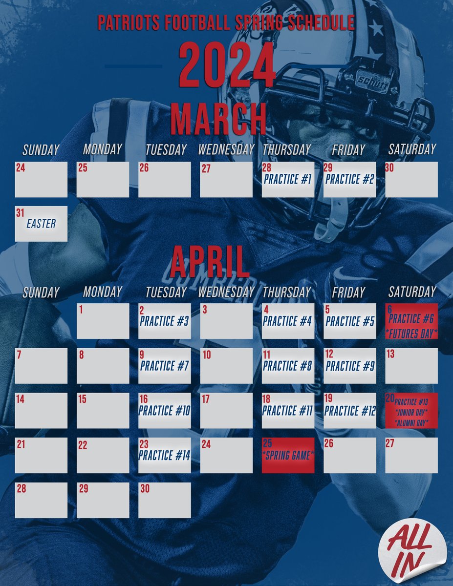 IT'S THAT TIME OF YEAR!!! Here's a look at the schedule for the Patriots this spring #ALLIN 🔴⚪️🔵