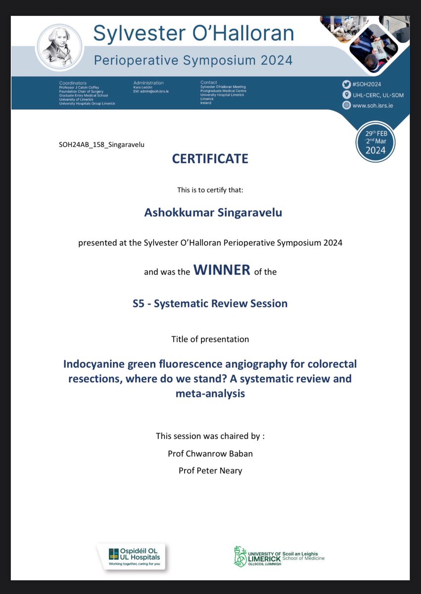 Brilliant @Ashokk_s- first prize @ the systematic review session at the Sylvester o’hallaron National Congress last weekend @UCD_Research @matersurgery