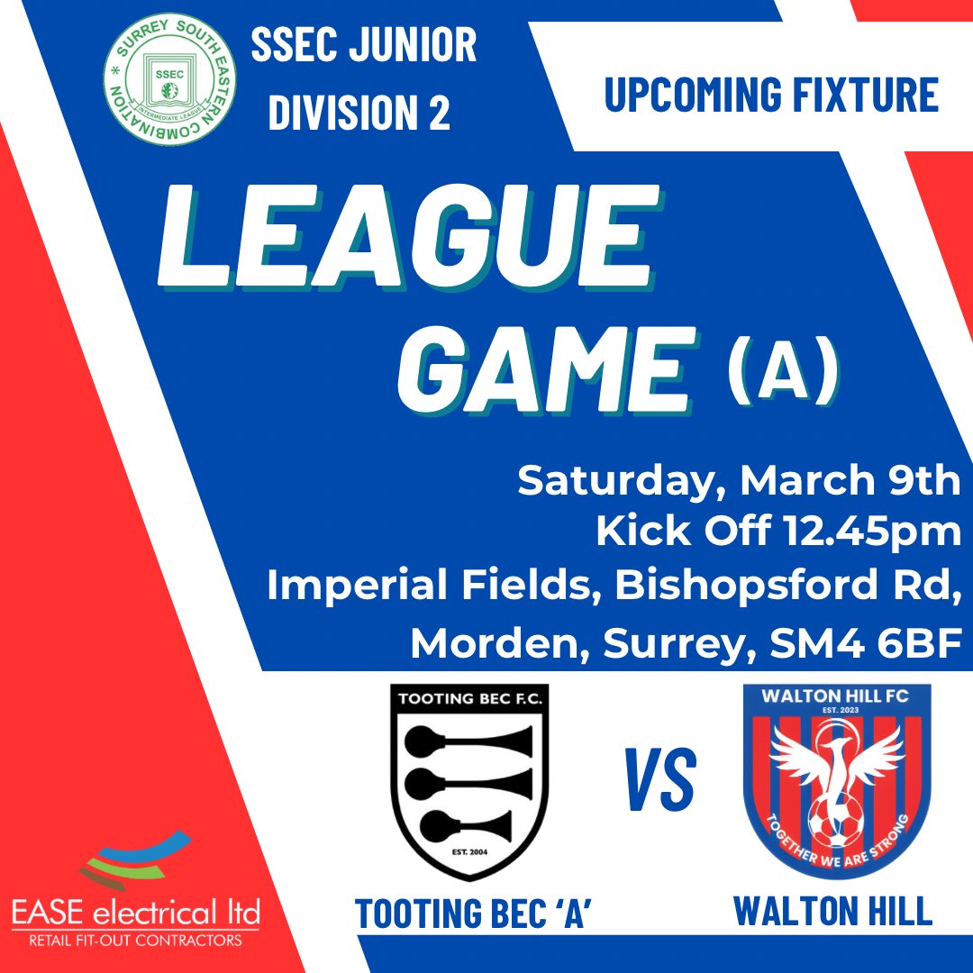 Waltonhillfc's tweet photo. Our focus switches back to the league as we travel away to Tooting Bec in a bid to regain top spot

⚽️ Saturday 9th March
🆚 @TootingBecFC 
⌚️ 12.45pm KO
📍 Imperial Fields, Bishopsford Rd, Morden,SM4 6BF
🏆  League Game - Away 

all support is welcome 🙏🏻 🙌 

#upthehill https://t.co/xqlsOhOxhp