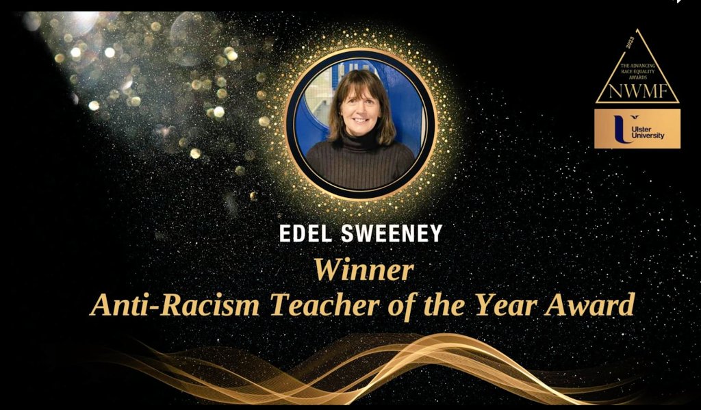 Congratulations to Oakgrove's Integration Co-ordinator, Ms Edel Sweeney, winner of the Anti-Racism Teacher of the Year Award at the Advancing Racial Equality celebration. @OakgroveIPSN. @niciebelfast @IEFNI @nwmforum @NWSharingZone @Ed_Authority @Education_NI @DerryDiaspora