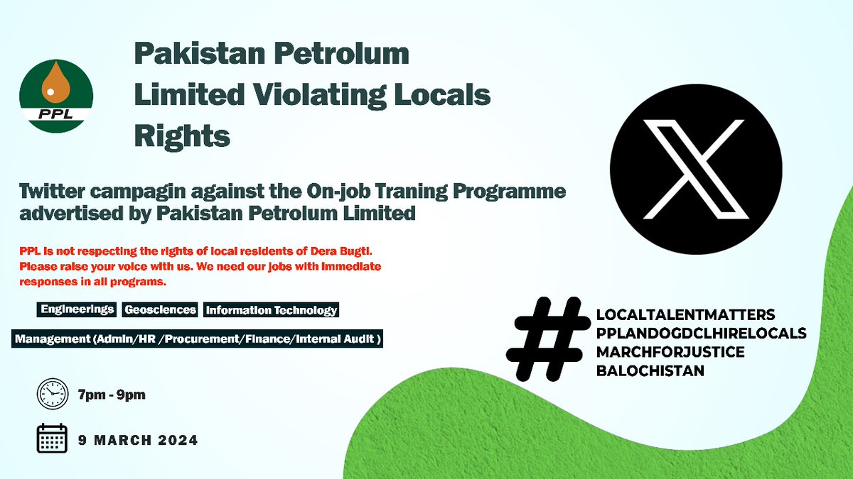 MarriMohbat's tweet image. Twitter-Compaign Against OGDCL,PPL,SSG for Dera Bugti Engineers Rights whatsapp.com/channel/0029Va…           #TwitterHashTags 👇 #MarchForJustice #LocalTalentMatters
#PPL_OGDC_SSGC_HireLocal_Engrs
Date:9th March 2024(9PM to 12PM)