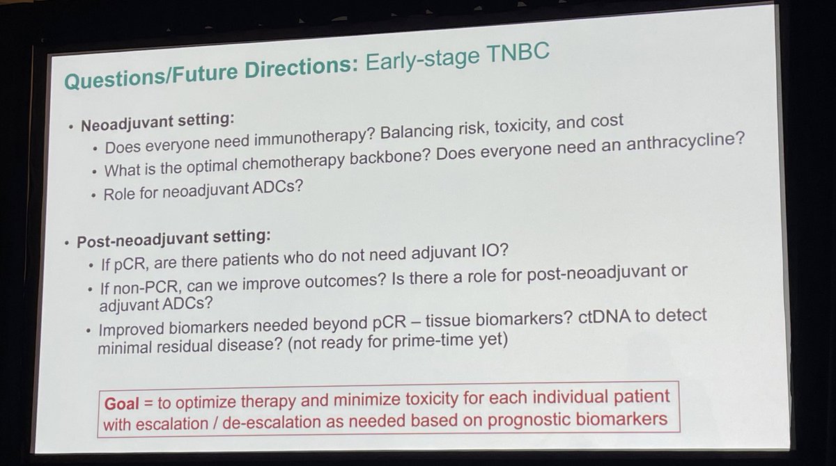 @laura_huppert from @UCSFCancer summarizes systemic therapy for early-stage TNBC with a roadmap of current treatment algorithm and discussion of future directions - opportunities to deescalate/escalate therapy and trials for neoadj and/or adj ADCs under investigation! #MBCC24