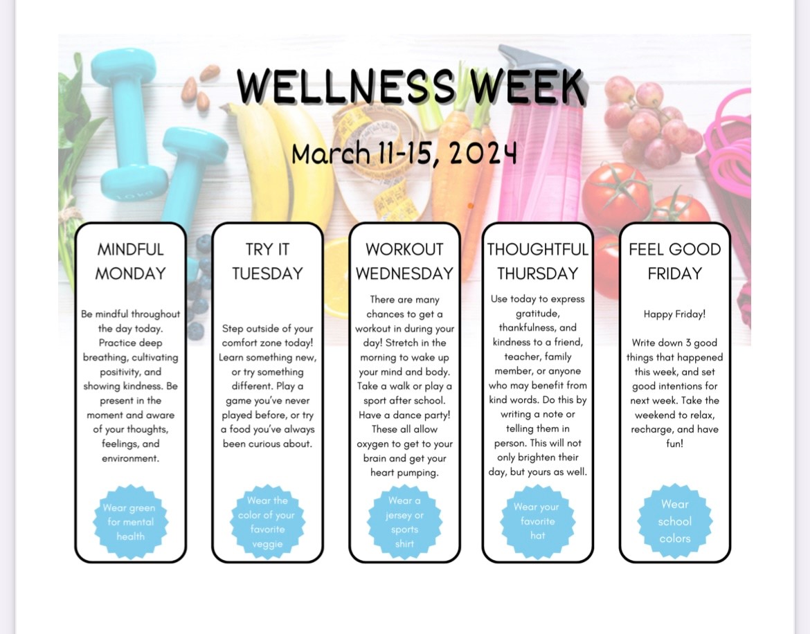 Thank you to everyone for participating in Read Across America Week! Our spirit weeks continue next week with Wellness Week and we will begin Monday by wearing green! See you then 💚