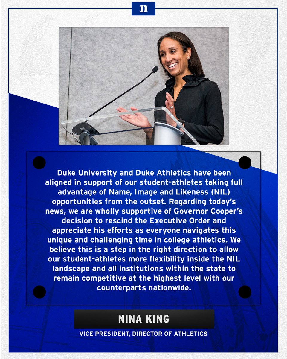 This afternoon, Governor Cooper repealed his 2021 Executive Order on NIL.

Official statement from Nina King: