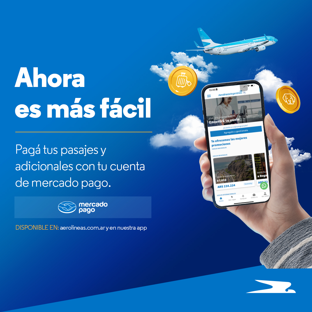 ¡Nueva forma de pago! 📲 👉🏻 Sumamos Mercado Pago en nuestro sitio web y app para que puedas comprar tus pasajes y adicionales con la opción de dinero en cuenta o tarjetas asociadas a Mercado Pago 🔗 bit.ly/mp_aerolineas