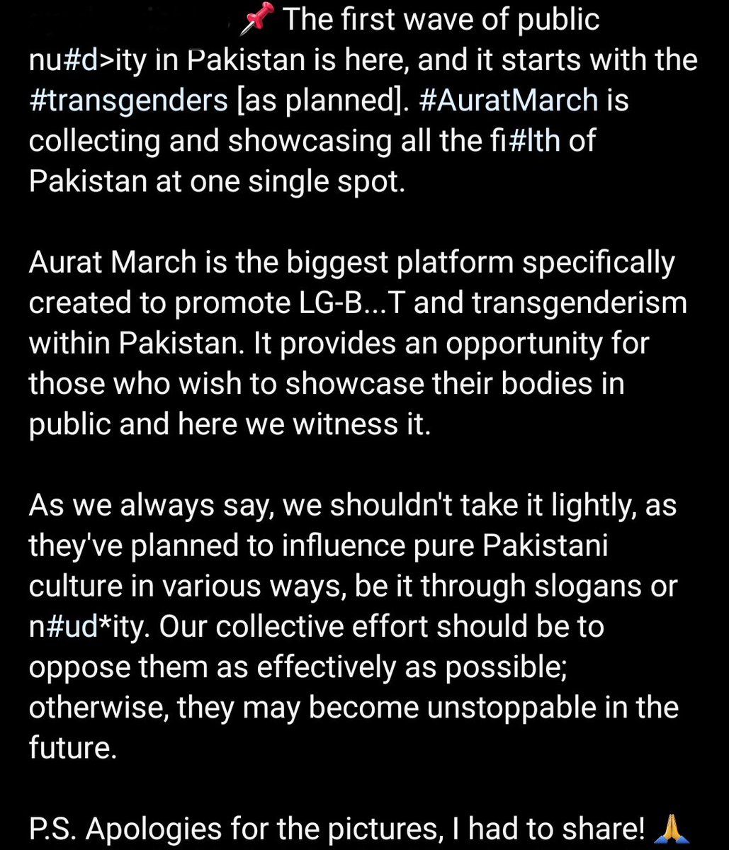 MehmalKhan1's tweet photo. Purpose of #AuratMarch: Openly starting nudity in Muslims, HARAM to Destroy ISLAM. 
Transgenders: 100%Pure Males/Females unhappy of sex given to them by Allah,or living gay/les lives, then change their sex,call themselves trans-women/male to start same sex relationships. #Marwat https://t.co/Hgh7wJwzta