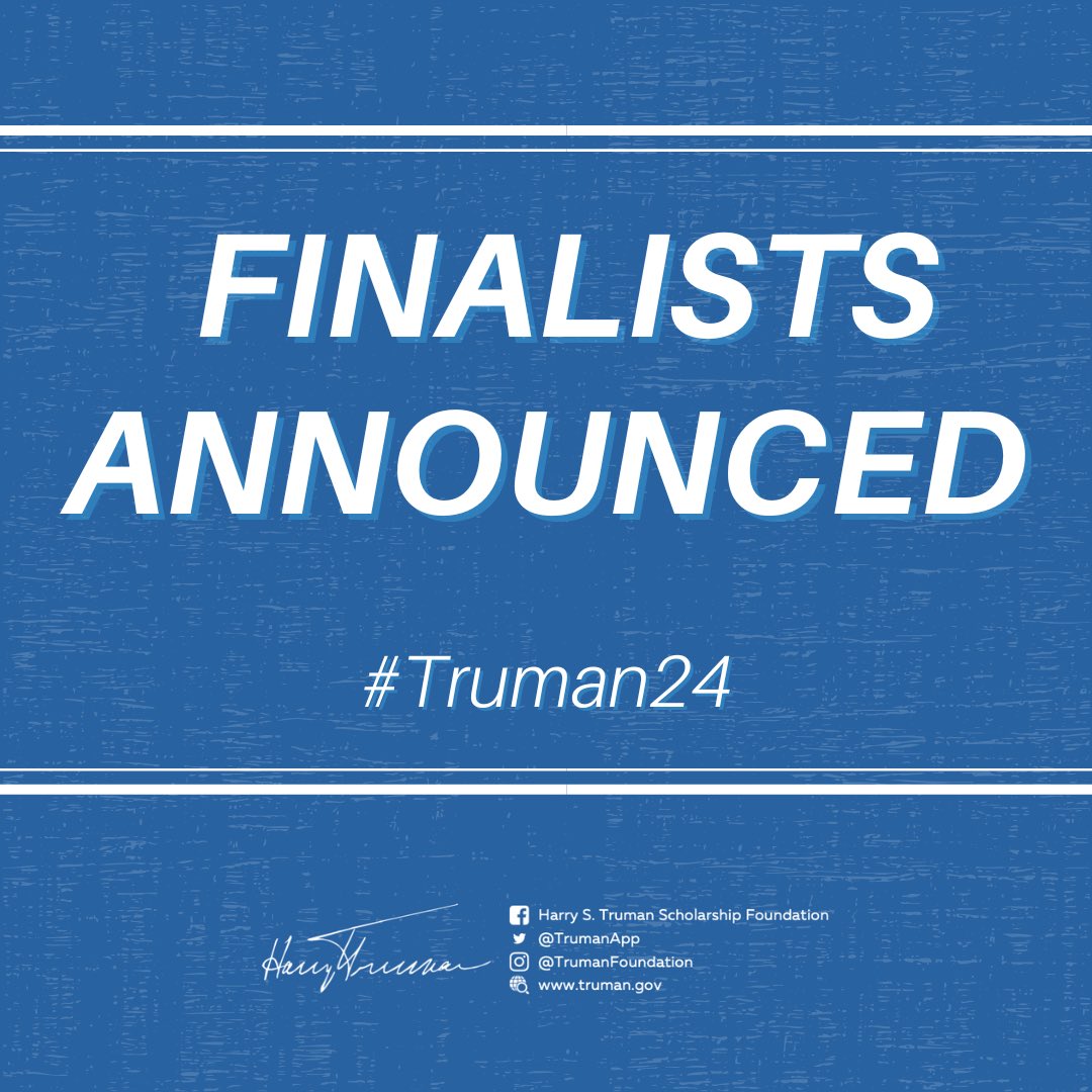 Congratulations to the 193 students from 136 institutions that have been selected as #Truman24 finalists! 👏🎉 You can read the full list of finalists below ⬇️ truman.gov/news/2024-trum…