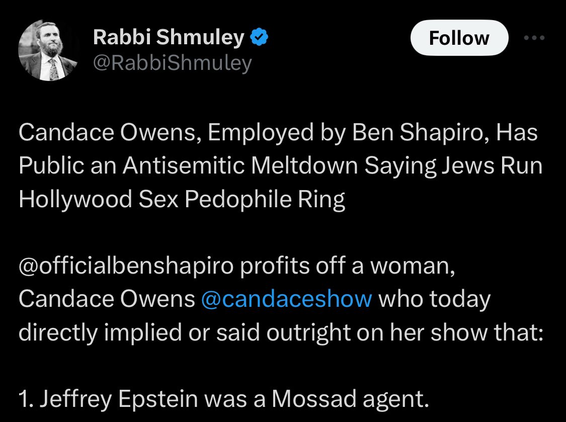Candace Owens says that powerful Jewish people use accusations of antisemitism and demand censorship to shield themselves from criticism.

How does a powerful Jewish person reply? By calling her an antisemite, demanding that Ben Shapiro fire her…and defending Jeffrey Epstein.