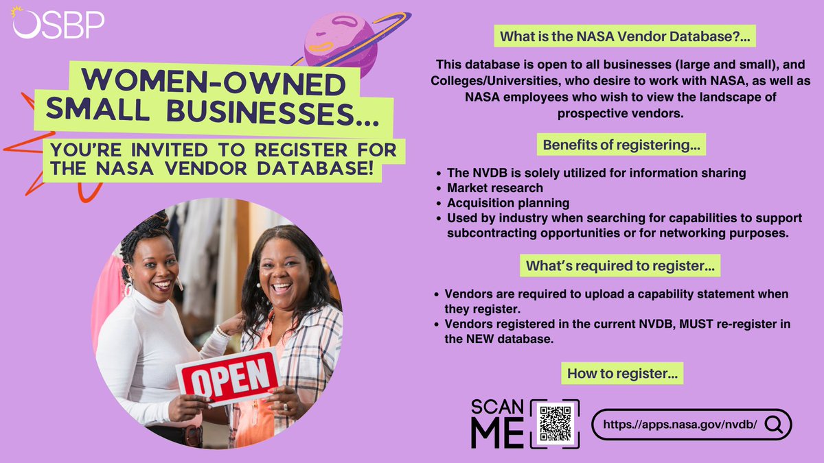 In honor of #InternationalWomensDay and #WomensHistoryMonth, we are inviting WOSBs to register for our NASA Vendor Database!! Register Today! https.//apps.nasa.gov/nvdb/