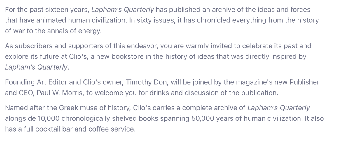 If you’re in Oakland on March 17, stop by Clio’s, a new bookstore directly inspired by Lapham’s Quarterly, for an event about the magazine’s past and future. eventbrite.com/e/an-evening-w…