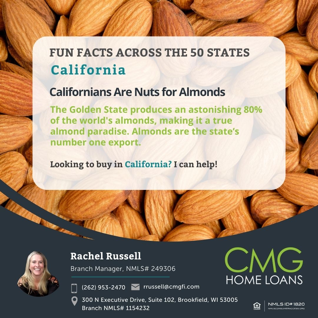 Coming to you live with a #FunFactFriday from the Golden State! Did you know that California's #1 export is almonds? If you're NUTS for the California climate, give me a call TODAY to help finance your CA dream home 🏡🔑

#CMGHomeLoans #TeamCMG #CARealEstate #CAMortgageLender