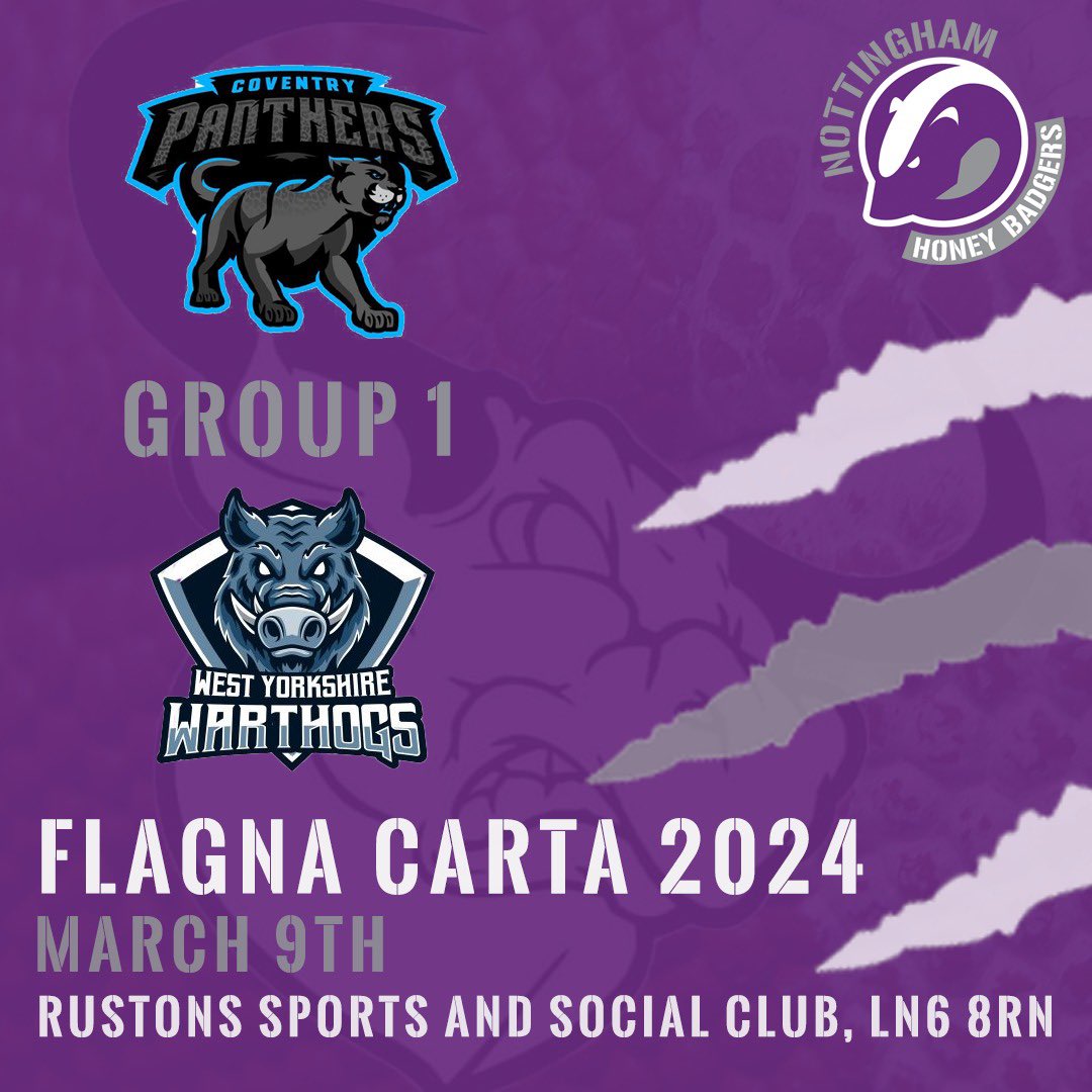We’re back baby! The HoneyBadgers are off to Flagna Carta tomorrow hosted by our friends <a href="/Lincs_Longhorns/">Lincolnshire_longhorns</a> Drawn in Group One we start with games against <a href="/CvntryPnthrs/">Coventry Panthers</a> and West Yorkshire Warthogs as we get pre-season underway.