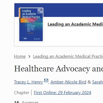 Congrats to @docwithapurpose Tracey Henry who co-authored the chapter on #HealthcareAdvocacy and #SocialJustice in this new textbook on Leading an Academic Medical Practice. #GIMAdvocacy link.springer.com/book/10.1007/9…