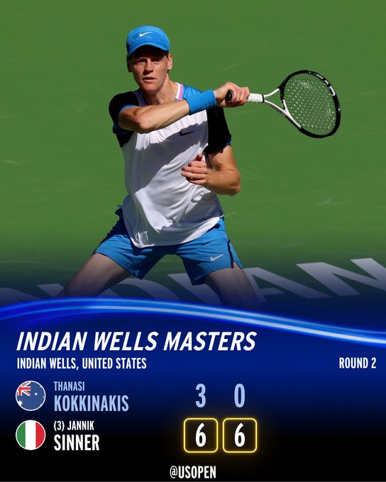 Score Graphic: Jannik Sinner defeats Thanasi Kokkinakis 6-3, 6-0 in round 2 of Indian Wells. 