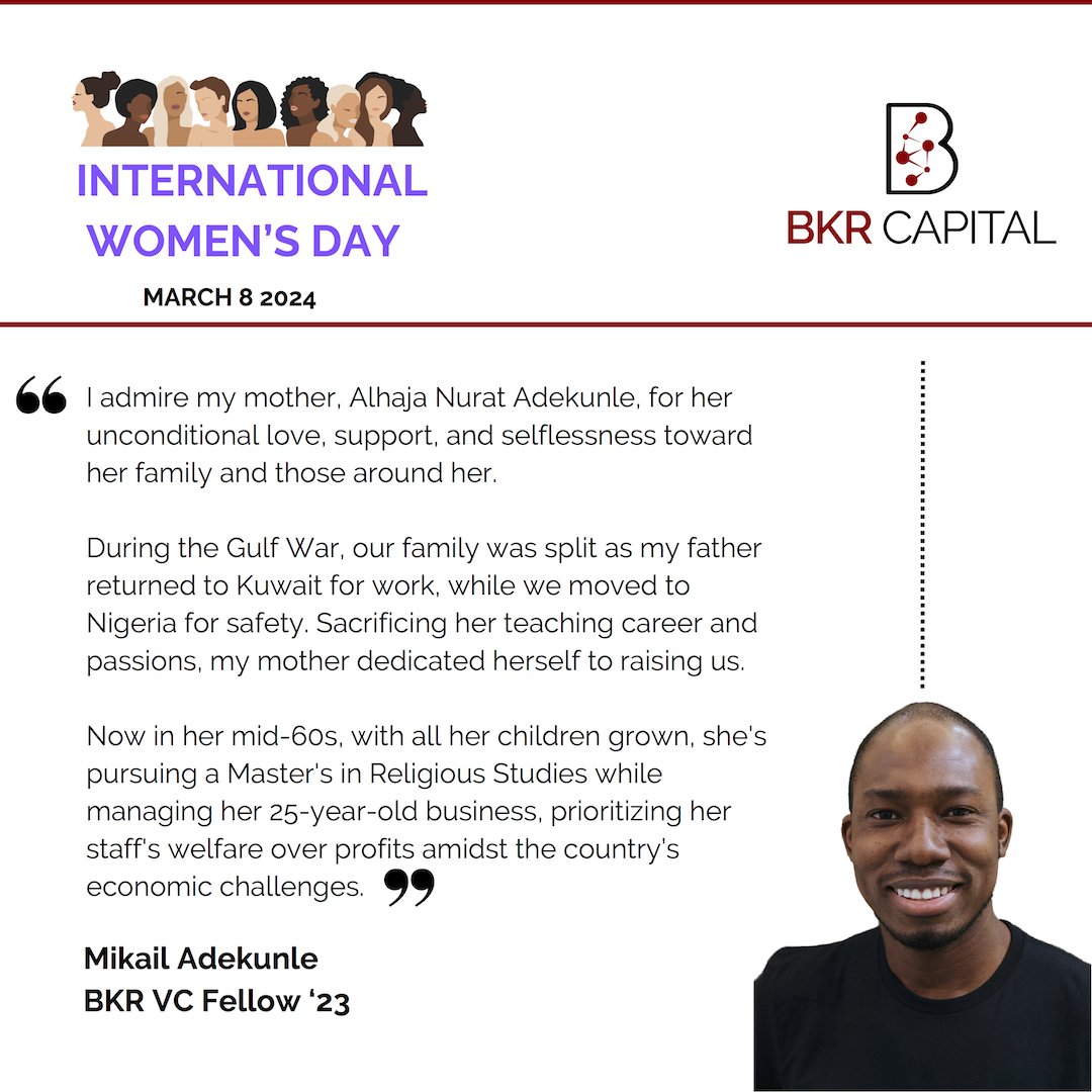 #InternationalWomensDay @BKRCapital VC Fellows share names of women they admire & whose presence as role models shaped their lives. w/ Melisa Ellis, Clinton Hosannah, Temi Oshin, @MikailAdekunle #BKRCapital #IWD2024 #GenderEquity #GenderEquality #WomenLeaders #InvestInWomen