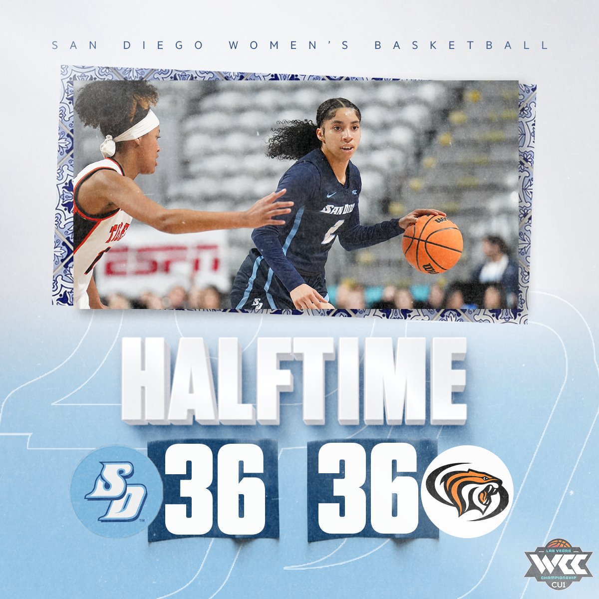 About as even as it gets. Back to work in the second! Neubert: 9 points, 3 rebounds Sheffey: 7 points, 2 assists Kaur: 6 points, 6 rebounds #GoToreros #BlueBlood