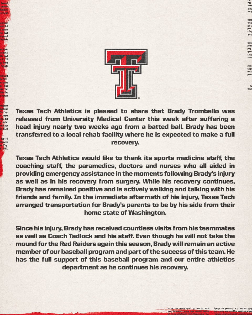 TTU_Baseball's tweet photo. A quick update on @BTrombello ❤️🖤 https://t.co/FYcW1VKv1d