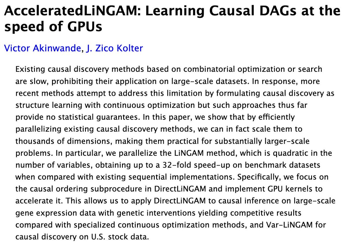 For large-scale causal discovery, there's no need to use NOTEARS for its speed. Consider using LiNGAM. We've parallelized it, achieving a 32x speed-up on GPUs. NOTEARS: Scalable: ✅ Identifiability guarantees: ❌ AcceleratedLiNGAM: Scalable: ✅ Identifiability guarantees: ✅