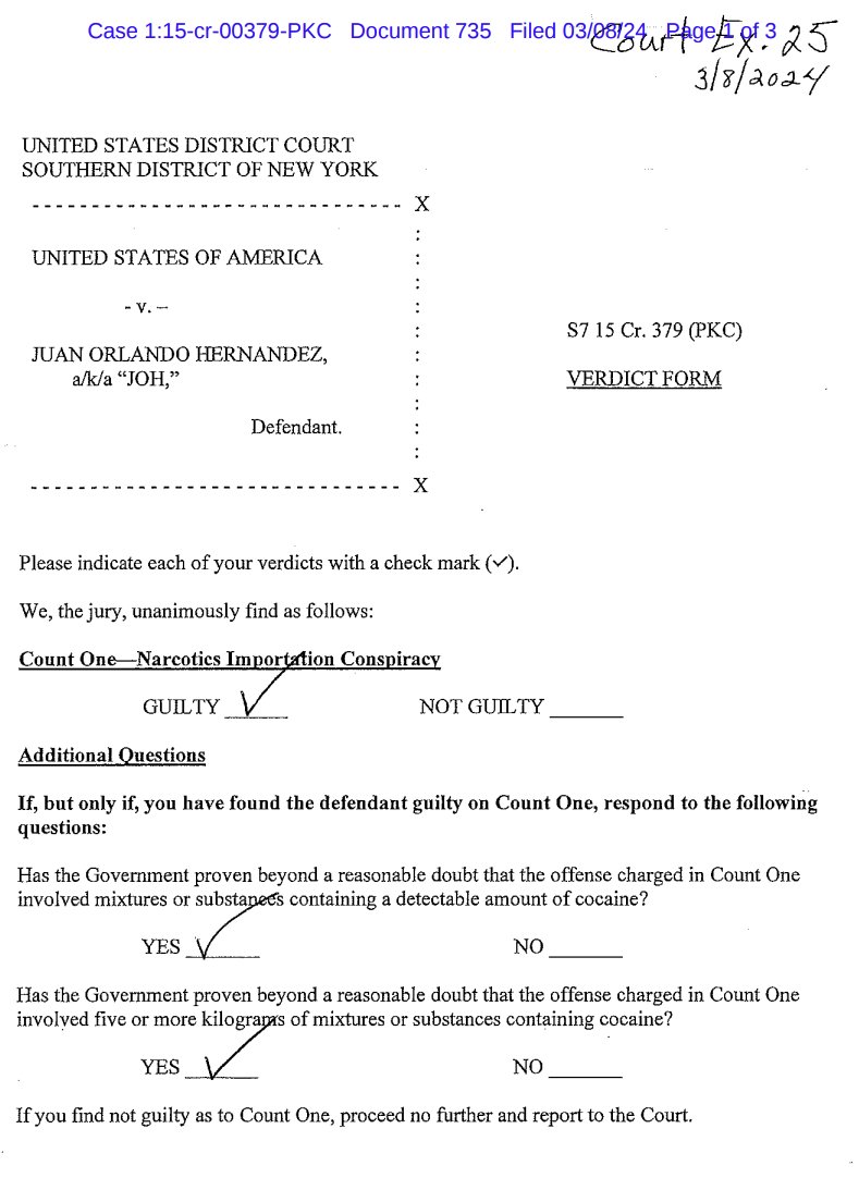 innercitypress's tweet photo. Narcos Honduras trial US v. Juan Orlando Hernandez: here is today's verdict form (book coming soon)
aquí está el formulario de veredicto de hoy (el libro estará disponible próximamente) https://t.co/gt9PaEEnqr