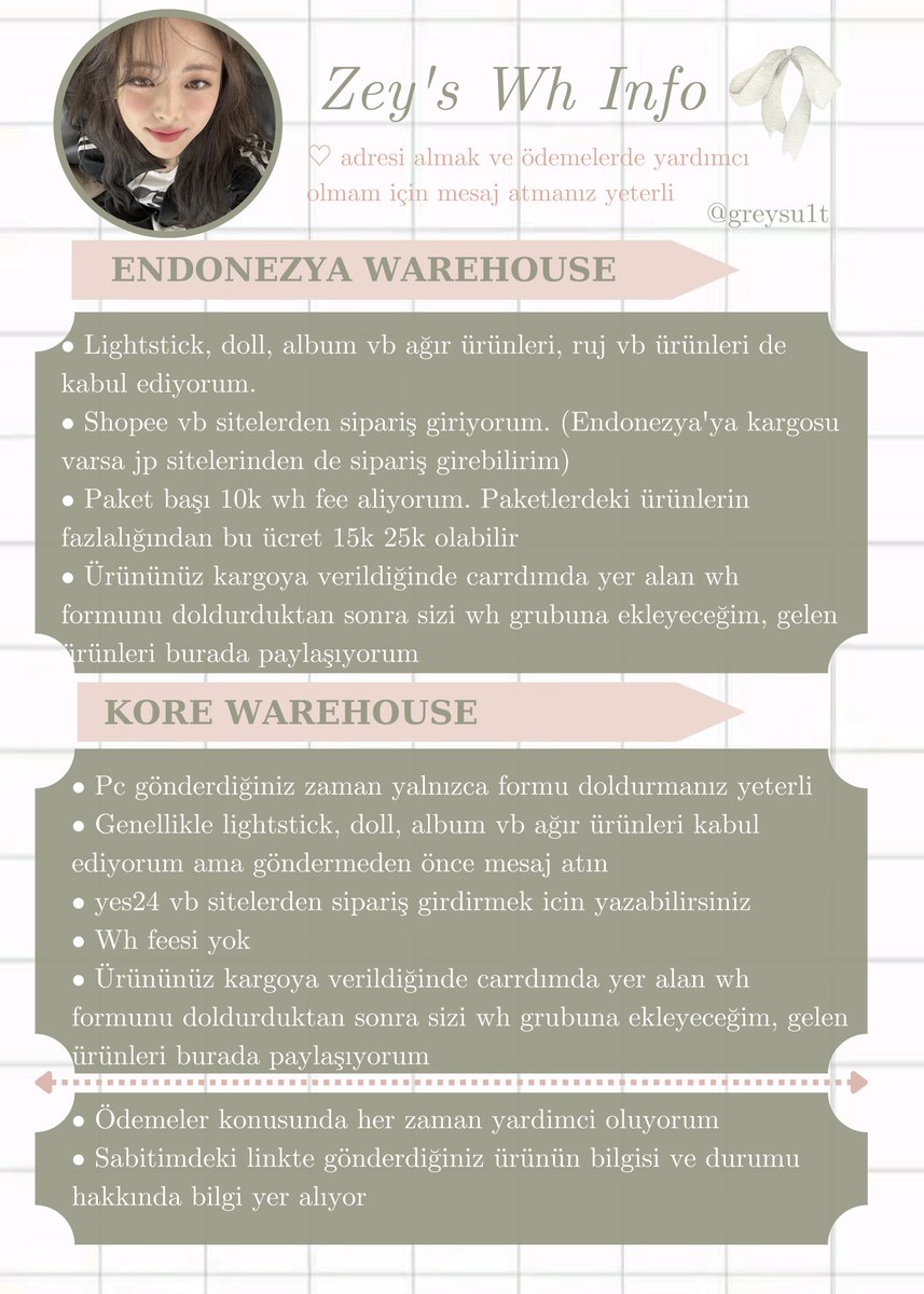 merhaba Kore ve Endonezya wh'um acik. Agir urunler icin lutfen mesaj atin. #greysu1tarrival dan ulasan kolilerime bakabilirsiniz. odeme konusunda da yardimci oluyorum. Sormak istediginiz bir sey icin dm atabilirsiniz. @SKZTRadeSell @smtradetr @ggtakassatis #skzsatis @EXOtakasTr