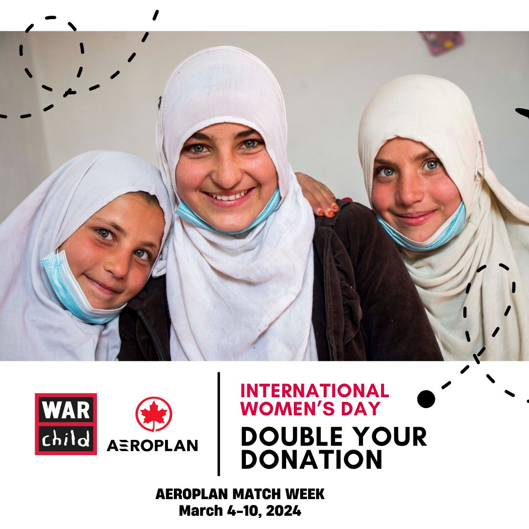 Today is #InternationalWomensDay & we're renewing our commitment to protecting women and girls through legal aid, education, and skills training. You can help! Every Aeroplan point you donate to War Child will be matched by @Aeroplan. Together, we can make a difference.