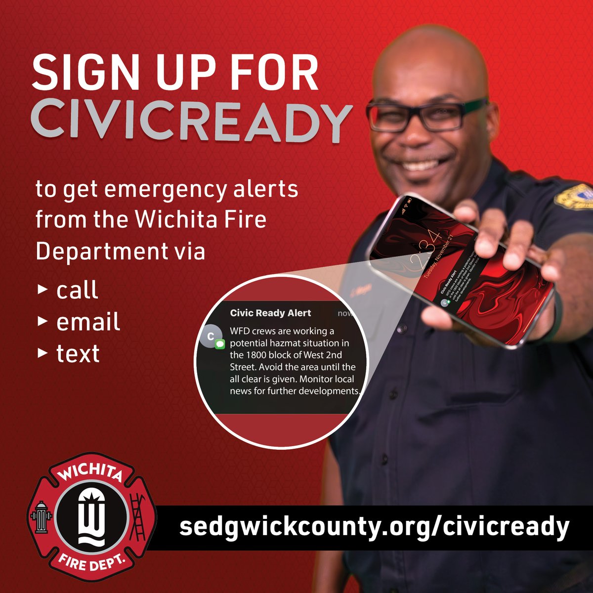 Lt. Morgan reminds you to sign up for Civic Read alerts! Sign up to receive community bulletins, emergency alerts, and severe weather warnings that could directly impact you and your family. #wichitaFD