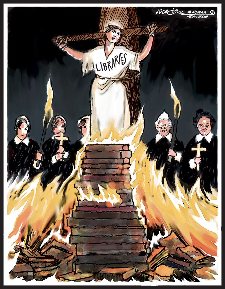 "Alabama libraries are under fire by a bunch of rabid right-wing modern day witch burners. No surprise," opinion cartoonist @crowejam writes. "It’s another example of Alabama politics at its worst."

Read about the battle for Alabama's libraries here: al.com/news/2024/03/i…