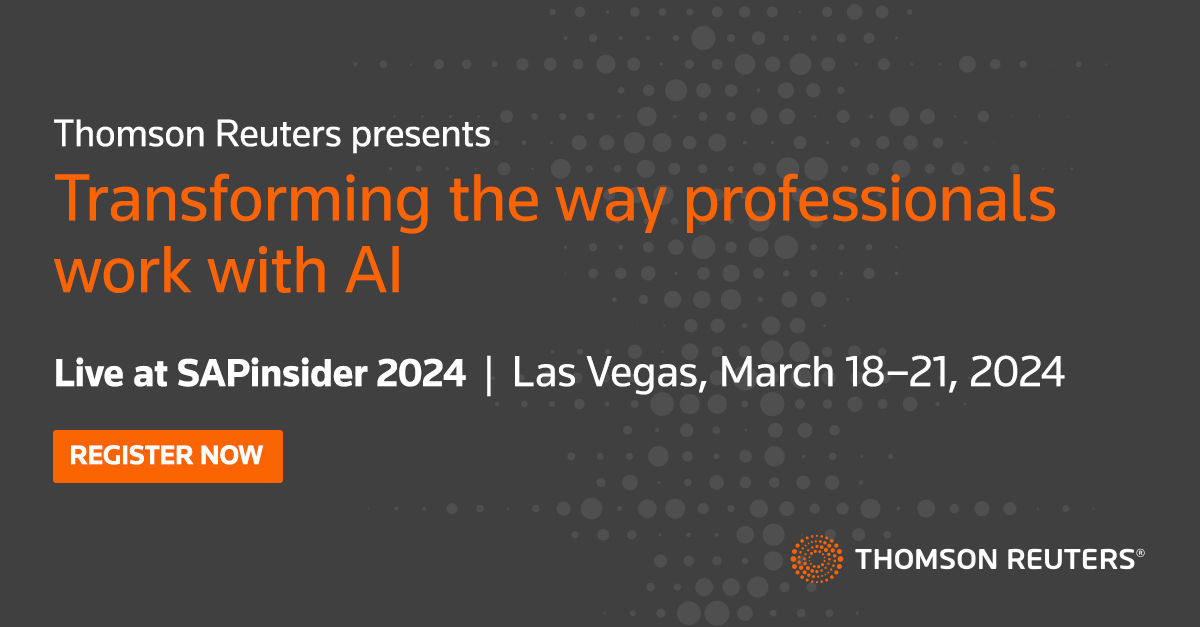 yourONESOURCE's tweet photo. Hear from Thomson Reuters as they share an overview of the rapidly changing landscape of tax, finance, and trade operations and AI’s impact on efficiency, talent, and overall productivity connected with SAP. Register here > https://t.co/9vvUbu8J8n

#sap #sapinsider https://t.co/4gn8dmDG3l