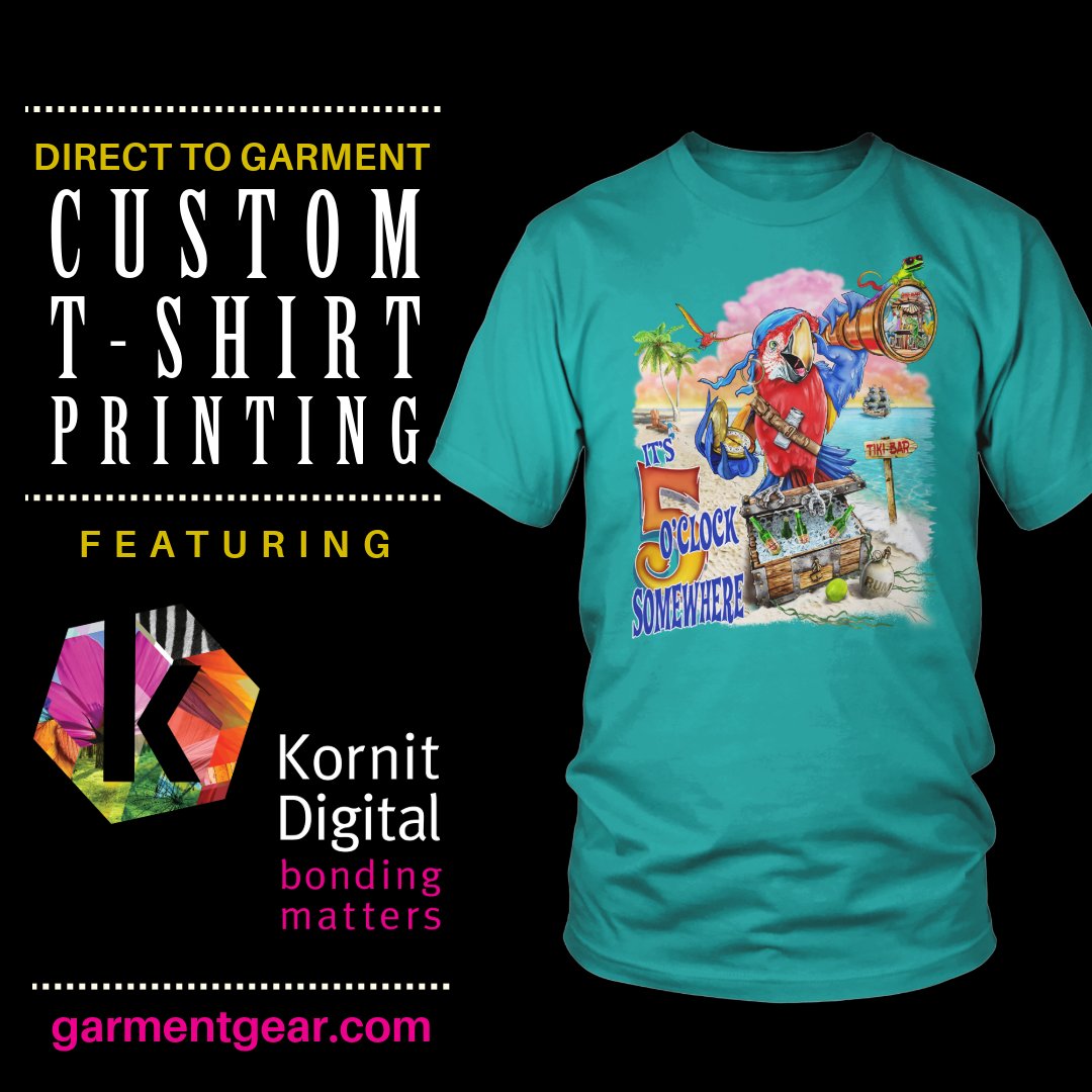 Garmentgear's tweet photo. How do we get all of that great color with no screen fees? Our Kornit printers feature bright, water-based inks that print your design directly to the T-shirt eliminating the need for screens. https://t.co/L5E38S647K