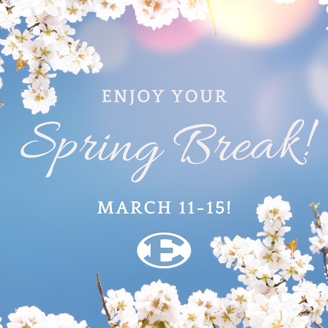 We hope you have a safe and enjoyable Spring Break. Also, a reminder that Monday, March 18th, is a student holiday. Normal class schedules will not resume until Tuesday, March 19th.