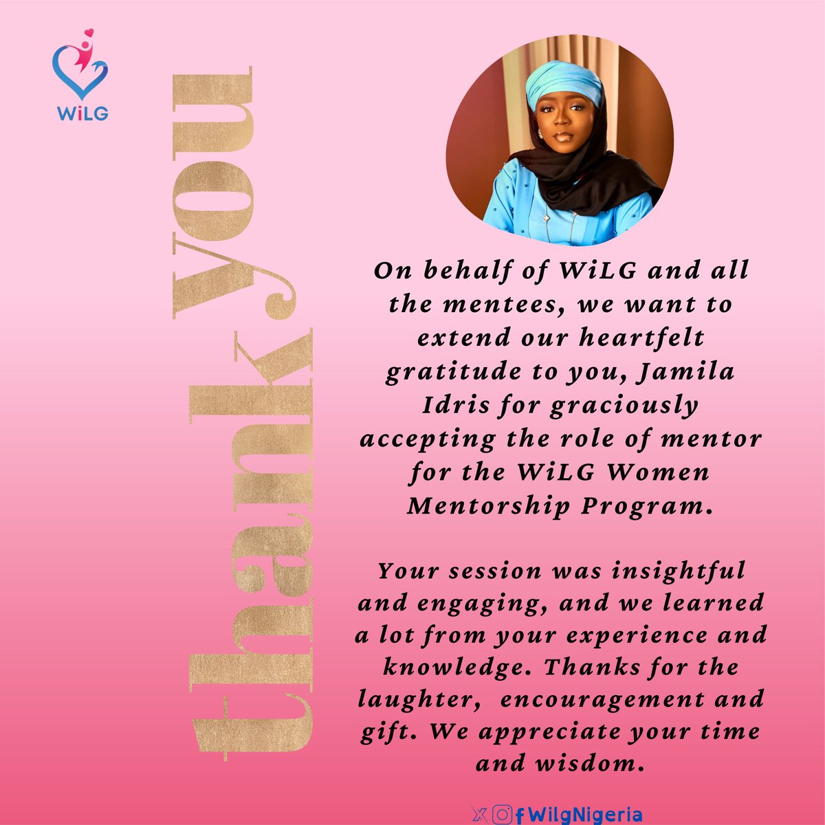 WiLGNigeria's tweet photo. On behalf of WiLG and all the mentees, we want to extend our heartfelt gratitude to you, Jamila Idris for graciously accepting the role of mentor for the WiLG Women Mentorship Program. @iamjamilaidris

#WILGWomen #Inspireinclusion  #wilgnigeria #investinwomen  #IWD https://t.co/xc49kBMaVs