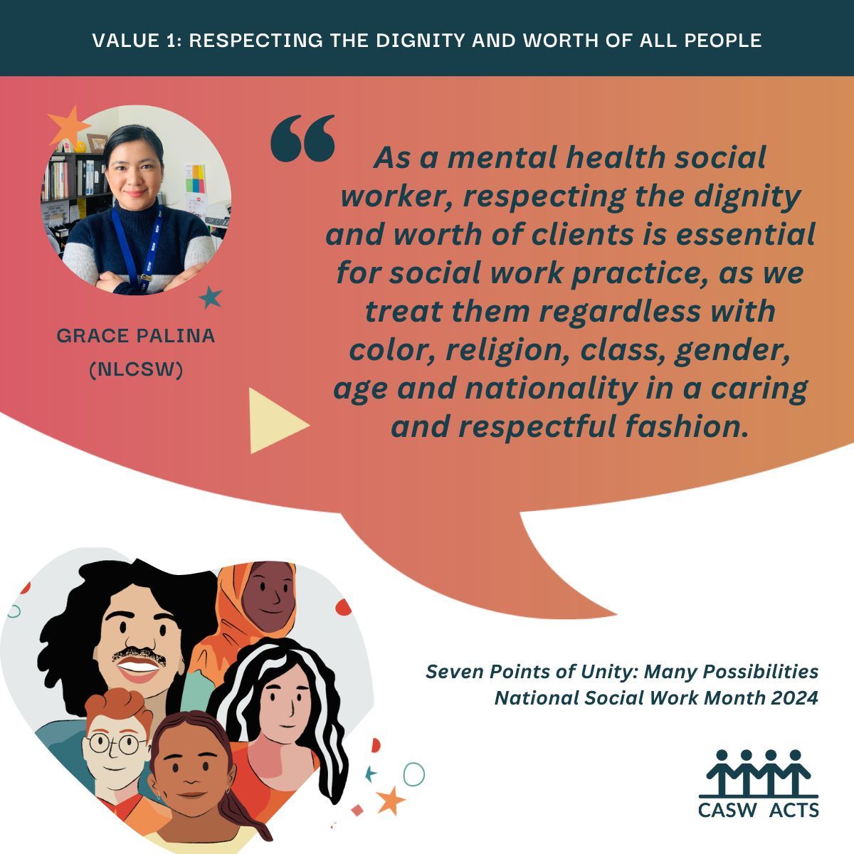 CASW is excited to announce Grace Palina from Newfoundland and Labrador as the winner of the Value 1️⃣ Code of Ethics Contest! 🎉 Read how Grace has integrated Value 1️⃣: Respecting the Dignity and Worth of All People in her practice ⬇️ #SocialWorkOffersPossibilities #NSWM2024