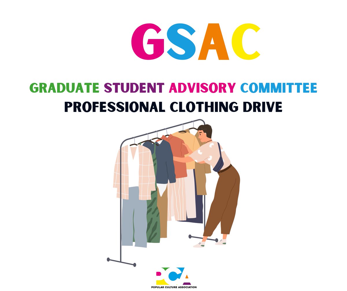 Join us at the Grad Student Closet in PCA Book Room, Grand Salon III (7th Floor). Donate your gently used professional clothes and accessories. Graduate students, come build your professional wardrobe during scheduled times. #pcaaca2024 #pca2024nationalconference #graduatestudent