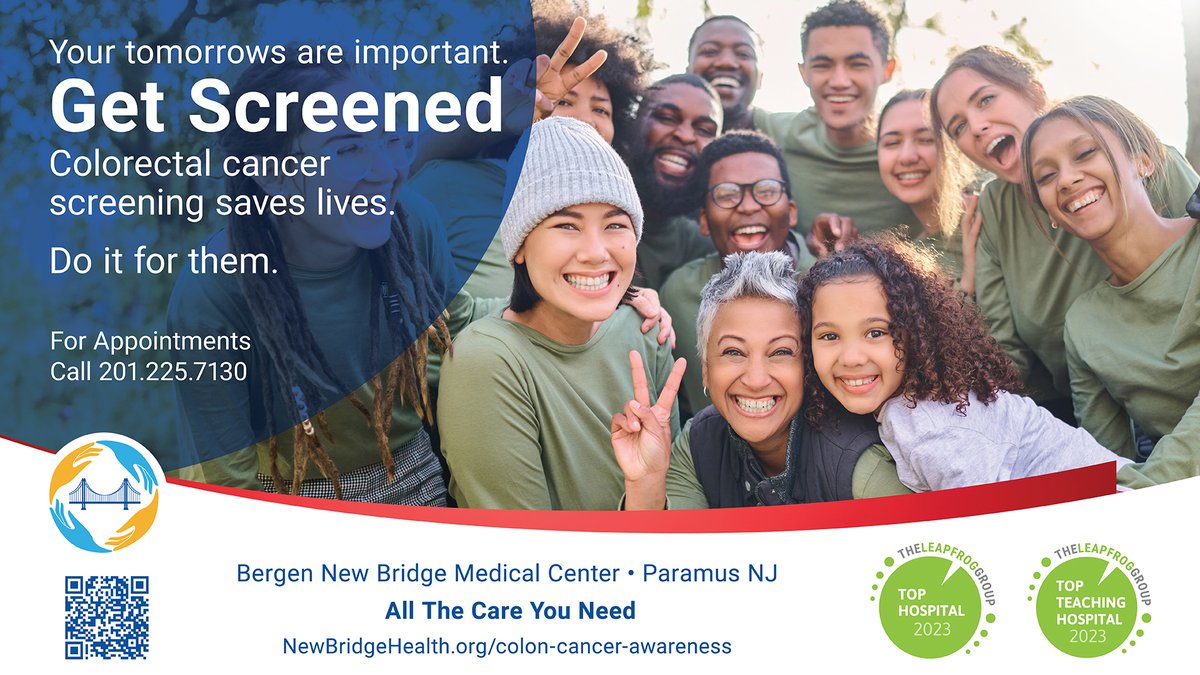 NewBridgeMedCtr's tweet photo. Your tomorrows are important.
Get Screened

Colorectal cancer screening saves lives. 
Do it for them.

All The Care You Need 
https://t.co/JKXaCINDj7
For Appointments Call 201.225.7130 

#ColorrectalCancer #BergenNewBridgeMedicalCenter https://t.co/6pSqmXSgLq