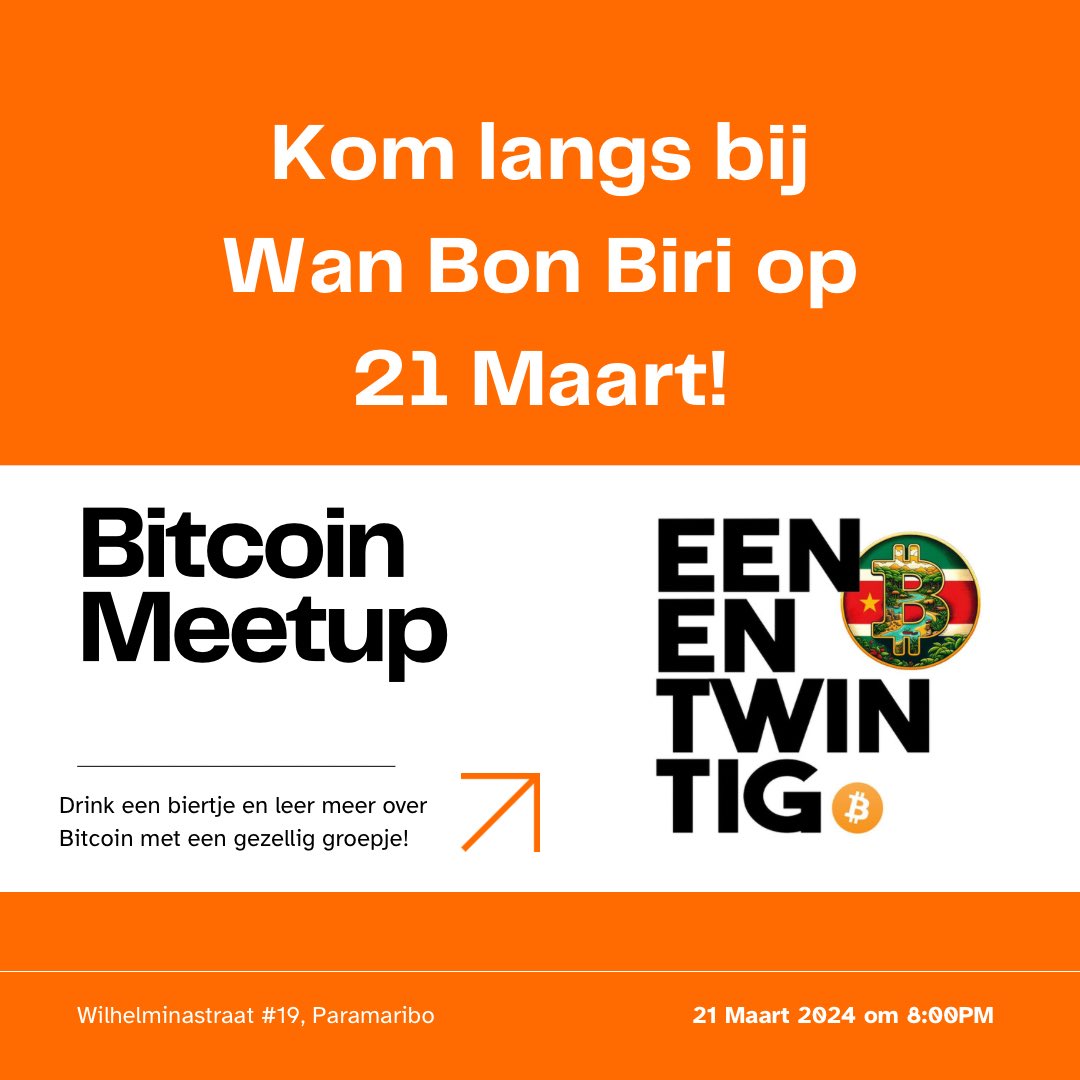 Op 21 Maart hebben we onze eerste officiële Eenentwintig: Bitcoin Sranan meetup!

Bij Wan Bon Biri Microbrewery 
Wilhelminastraat 19
Vanaf 8:00PM 

Voortaan elke 21e van de maand bij de brouwerij gezellig een biertje pakken en babbelen over #Bitcoin 🫶🏽