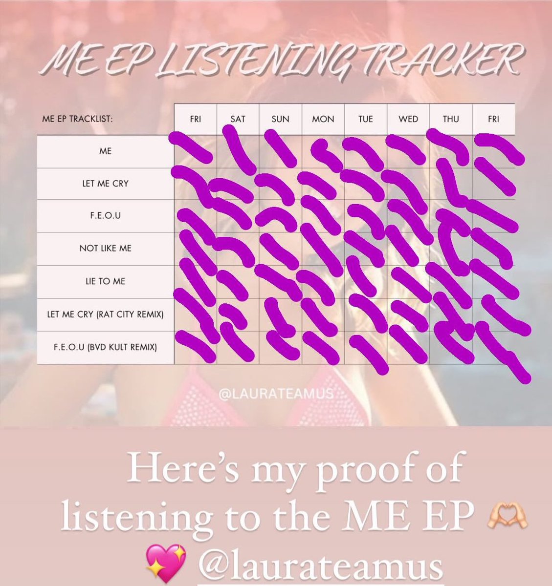 247_happygurl's tweet photo. @LauraTeamUs #5YearsOfME here’s my completion of listening to ME EP DAILY https://t.co/OyMtt61Fms