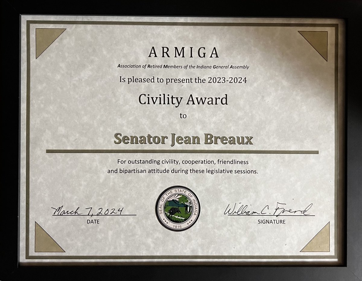 It's an honor to be selected to receive the Civility Award this year. Being able to collaborate through differences is how we advance bipartisan solutions that help all Hoosiers live better lives in this state.
