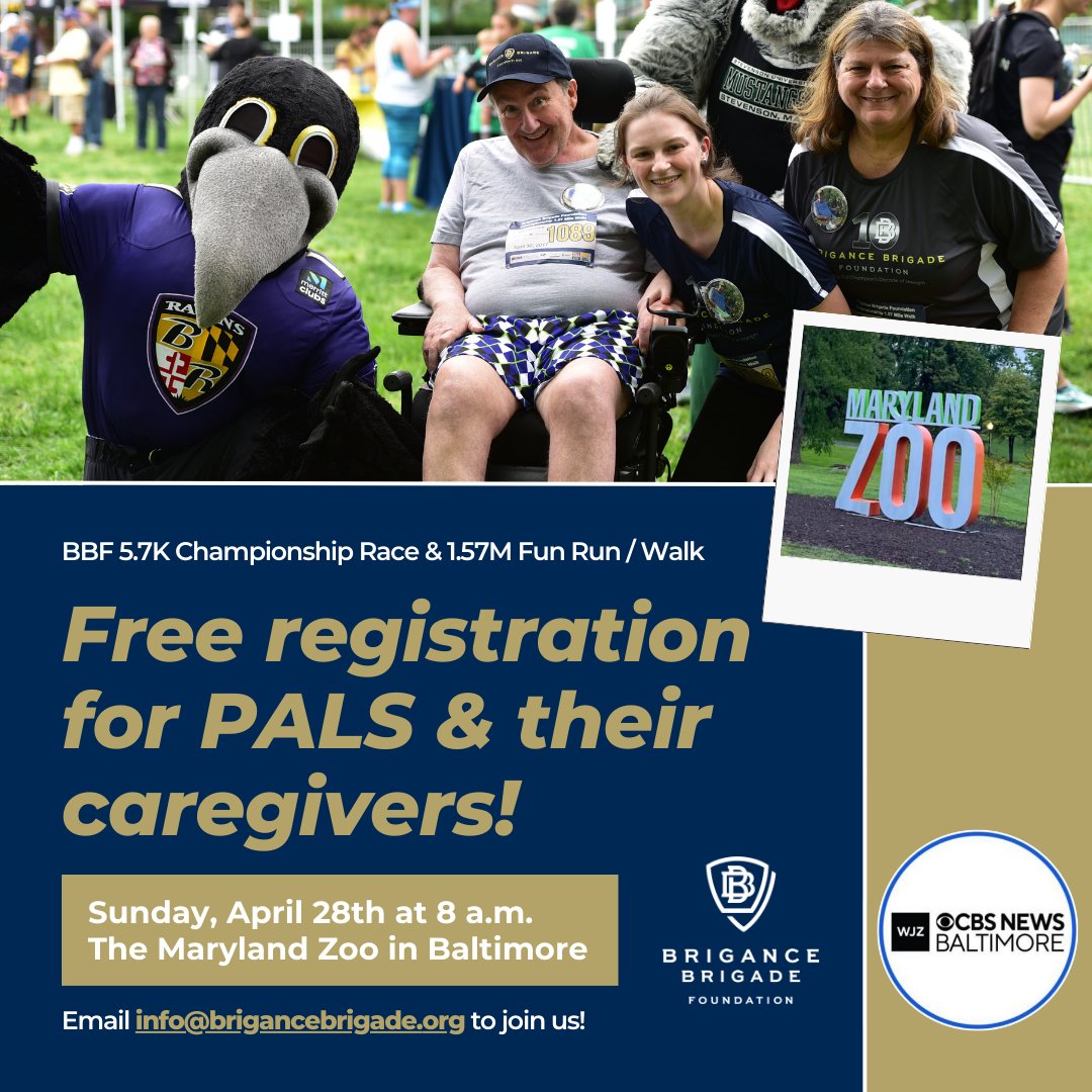 PALS & caregivers enjoy FREE registration for our upcoming race at the @MarylandZoo, Sunday, April 28th! Can't make it? Start a running or fundraising team in your honor 🏃‍♂️ Email info@brigancebrigade.org to join us for a day of community fundraising to #FightALS! #BBFZoo2024