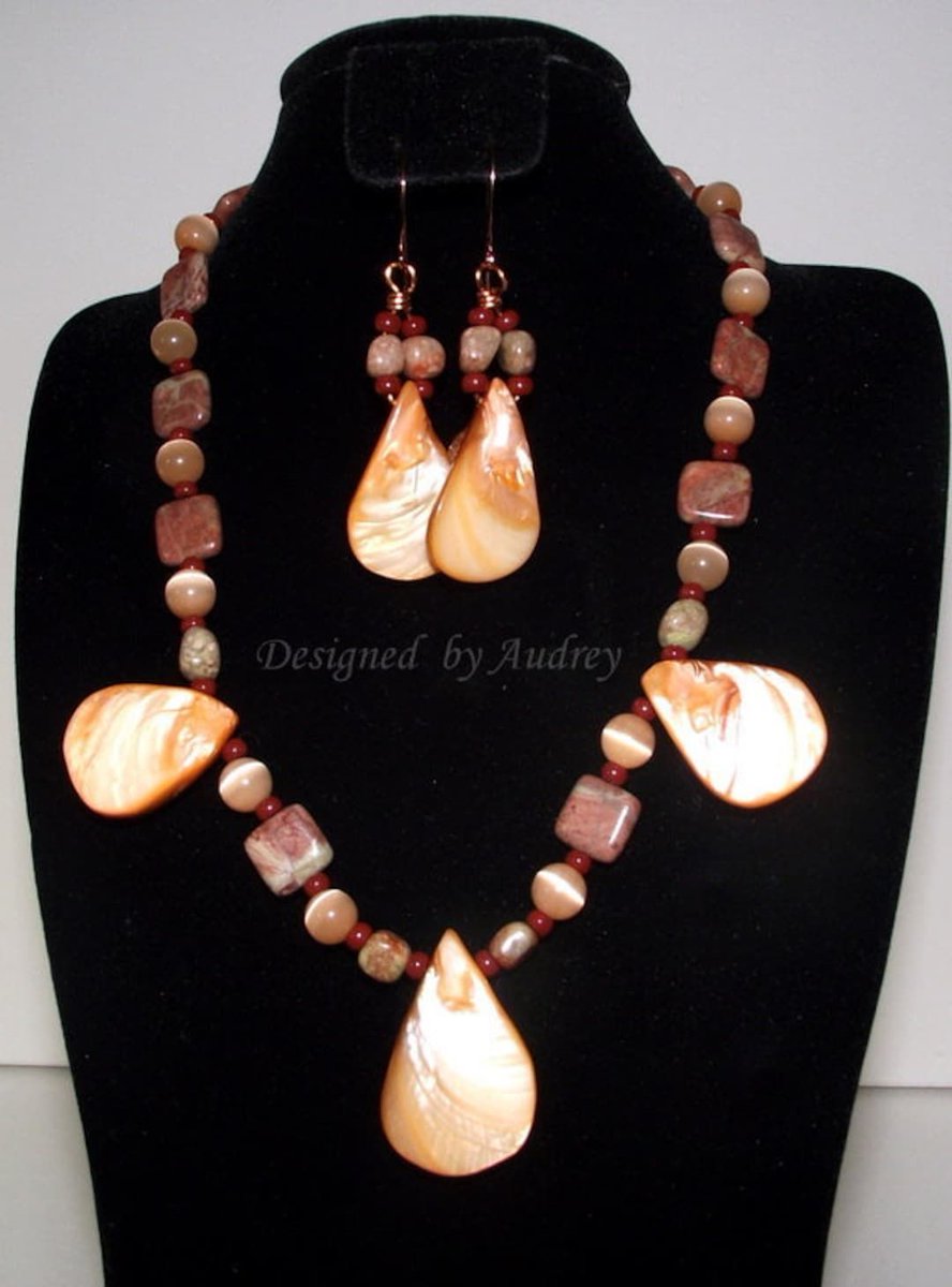 Lovely Orange Necklace Set - Peach Shell Pearl and Autumn Jasper Necklace and Earrings by #DesignedbyAudrey.  Fabulous womens #handmade jewelry and accessories  buff.ly/3uoeBha via <a href="/Etsy/">Etsy</a>