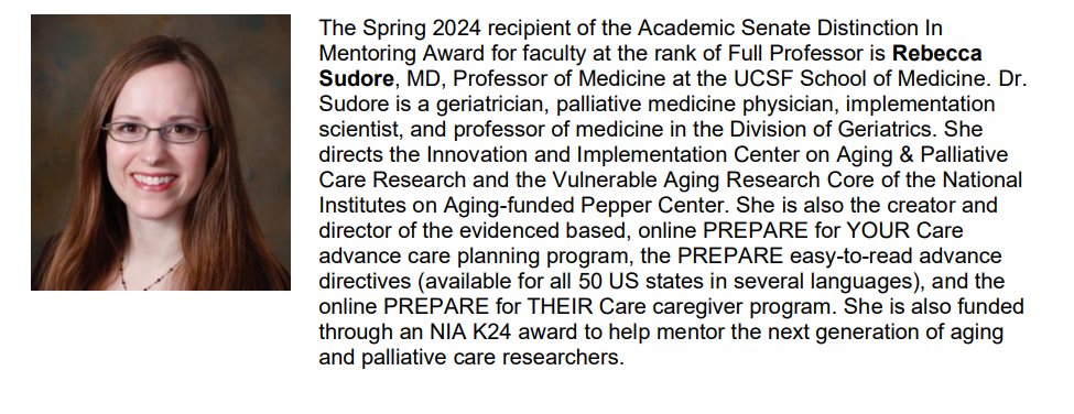 Dr. Rebecca Sudore is an awardee for the Spring 2024 Academic Senate Distinction In Mentoring Award! The ceremony will be held on Monday, April 1, 2024, from 11:00 a.m. to 1:00 p.m. at Parnassus Campus, room N-225.