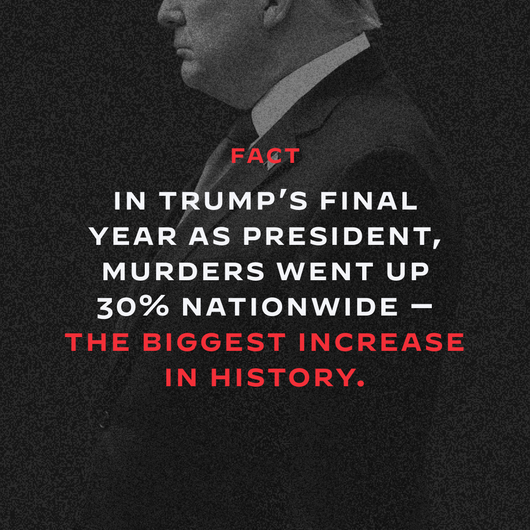 America is safer today than when I took office. Last year, the murder rate saw the sharpest decrease in history and violent crime fell to one of the lowest levels in more than 50 years.