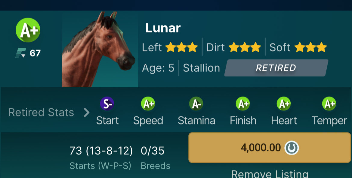 Top 3 LDS A+ sprint / mid available to the stud only at 4K derby 
Alhena (3 matchs) X Éclipse (3matchs)
Lunar  is waiting your top green and orange fillies friends 
⁦<a href="/photofinishgame/">Photo Finish™ LIVE 🌹 🐎 Virtual Horse Racing</a>⁩